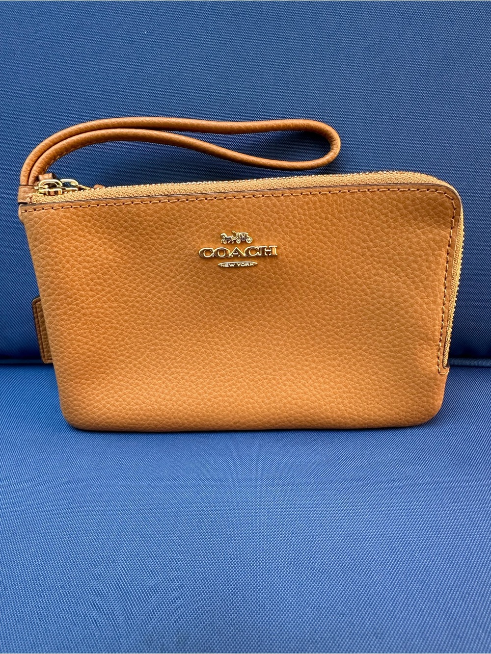 Like New Coach Leather Double Corner Zip Wristlet with Gold Logo Saddle Tan
